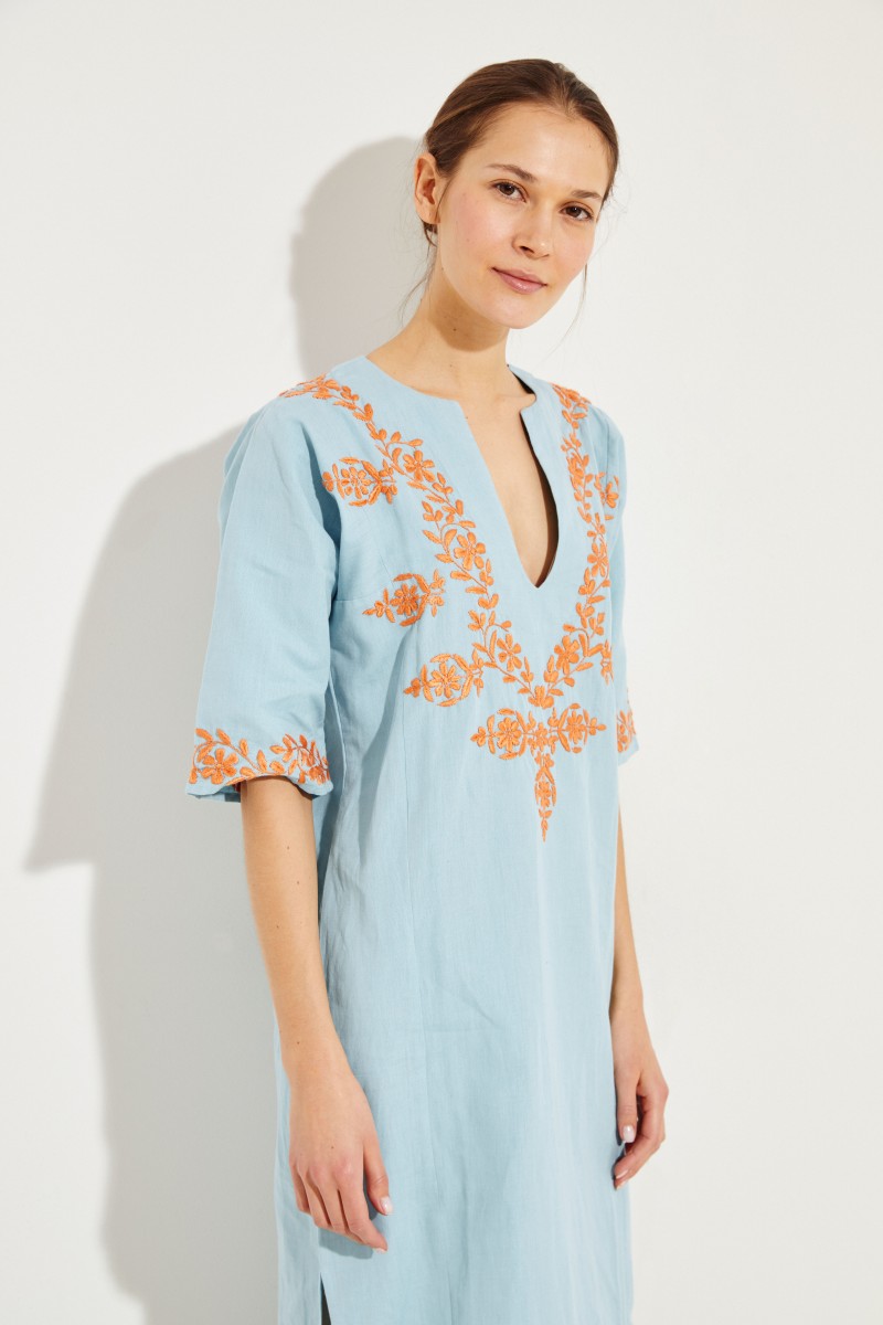 Baumwoll-Leinen-Kaftan mit Stickerei Blau