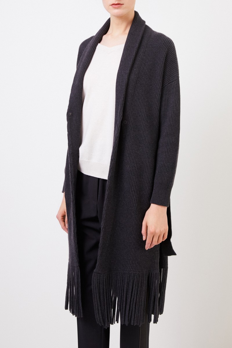 Brunello Cucinelli Langer Cashmere-Cardigan mit Gürtel Anthrazit