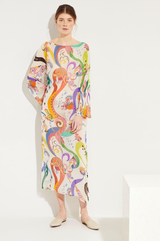Seiden-Kleid mit Print Weiß/Multi