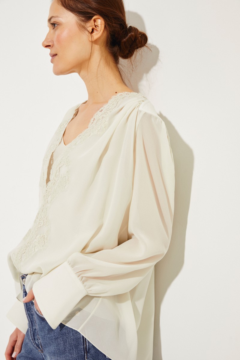 Seiden-Bluse mit Lace-Detail Light Grey