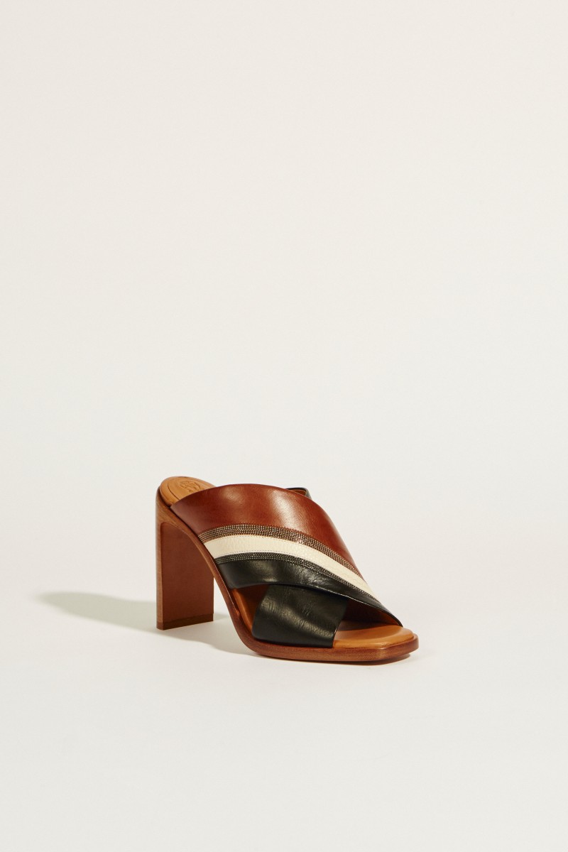 Leder-Sandale mit Absatz und Perlenverzierung Multi