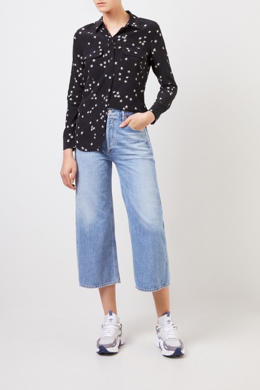 Equipment Seiden-Bluse 'Slim Signature' mit Sternenmotiv Schwarz/Weiß