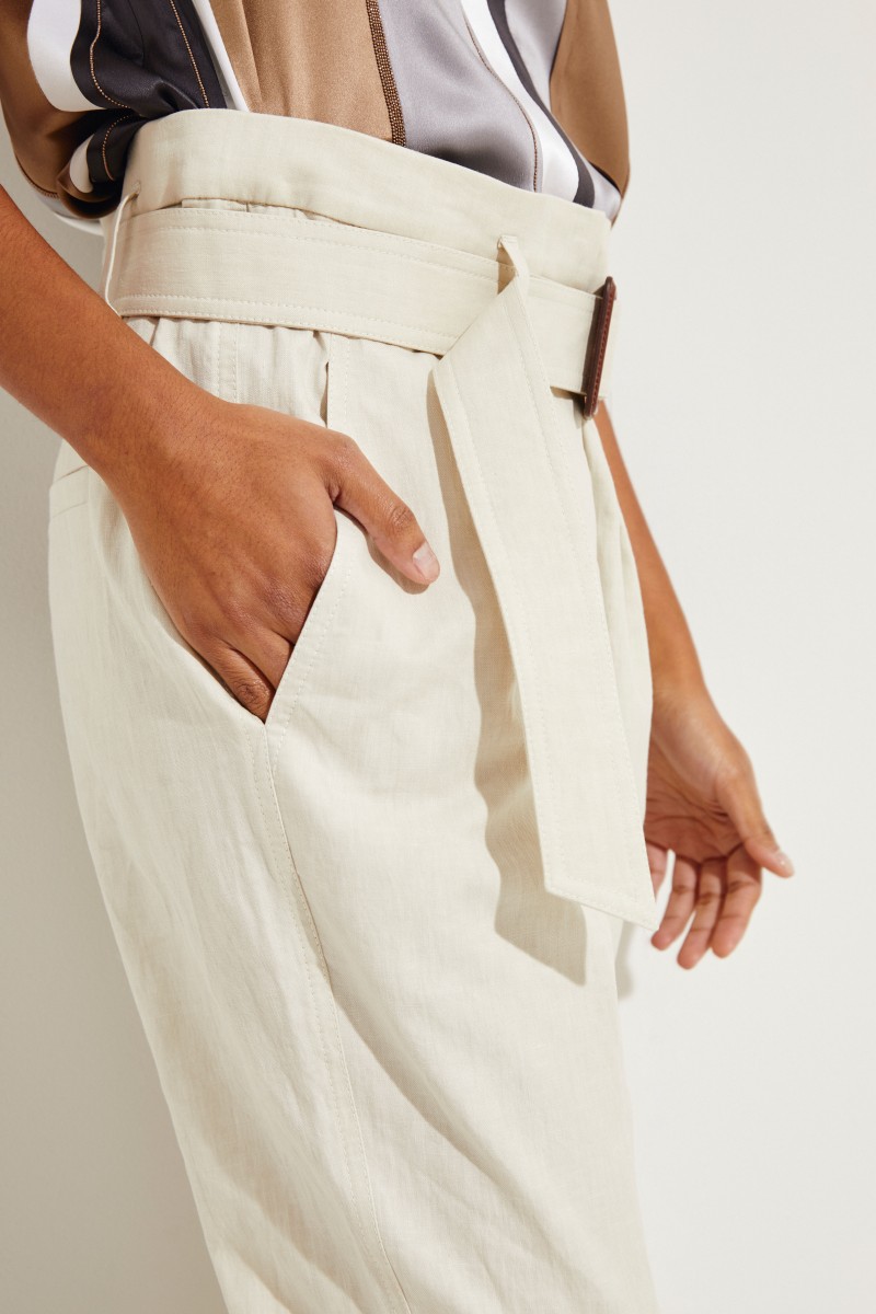 Leinen-Baumwoll-Hose mit Gürtel Beige
