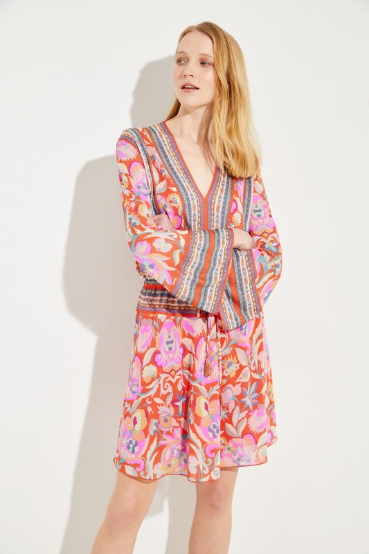 Kleid mit Print und Glockenärmeln Rot/Multi