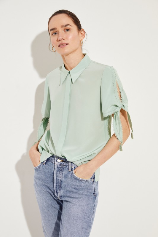 Seiden-Bluse mit Stickerei Mint