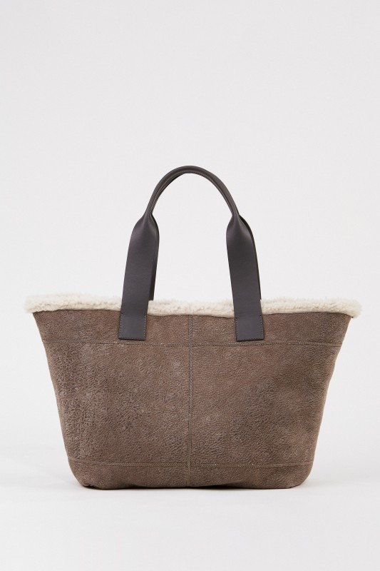 Lammleder-Shopper mit Perlenverzierung Taupe