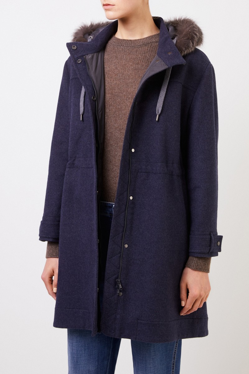 Brunello Cucinelli Woll-Cashmere-Parka mit Pelzkragen Marineblau