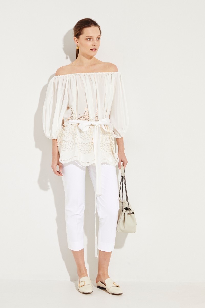 Seiden-Bluse mit Lochspitze Crème