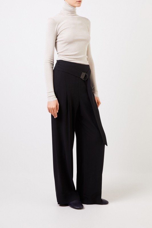 Seiden-Hose mit Bindedetail Schwarz