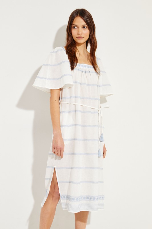 Langes Kleid mit Stickerei Weiß/Blau