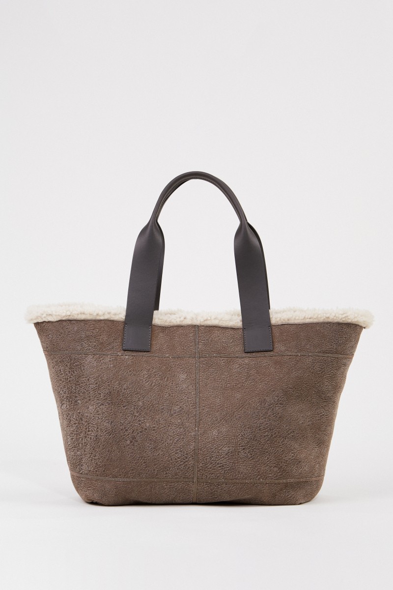 Lammleder-Shopper mit Perlenverzierung Taupe