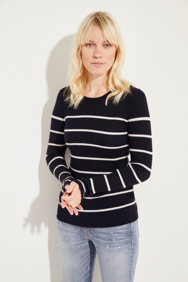 Rippstrick-Cashmere-Pullover 'Lindsey' Blau/Weiß