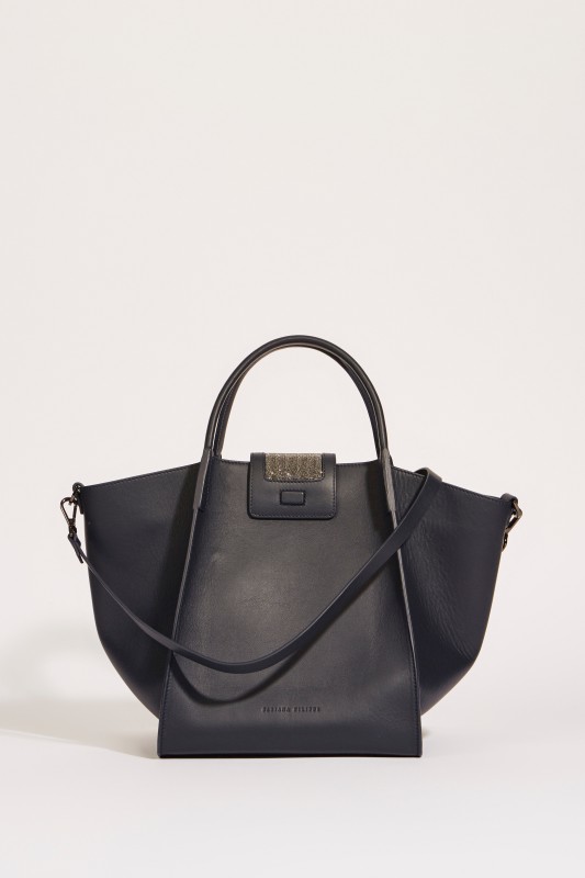 Leder-Tasche 'Viola' mit perlenverzierter Lasche Blau