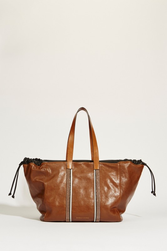 Leder-Shopper mit Perlendetails Braun/Multi