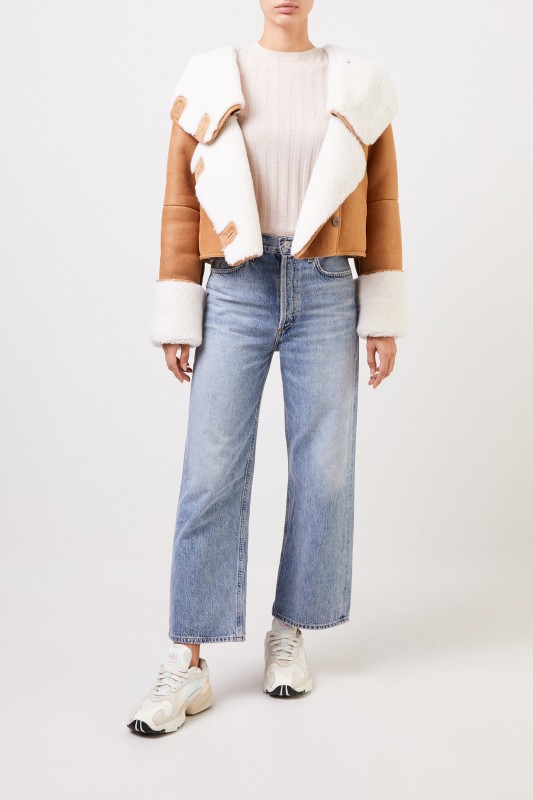 Lammfelljacke mit Kapuze Camel