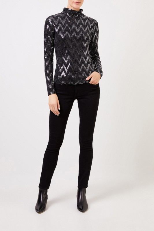 Langarmshirt mit Pailletten Schwarz/Silber