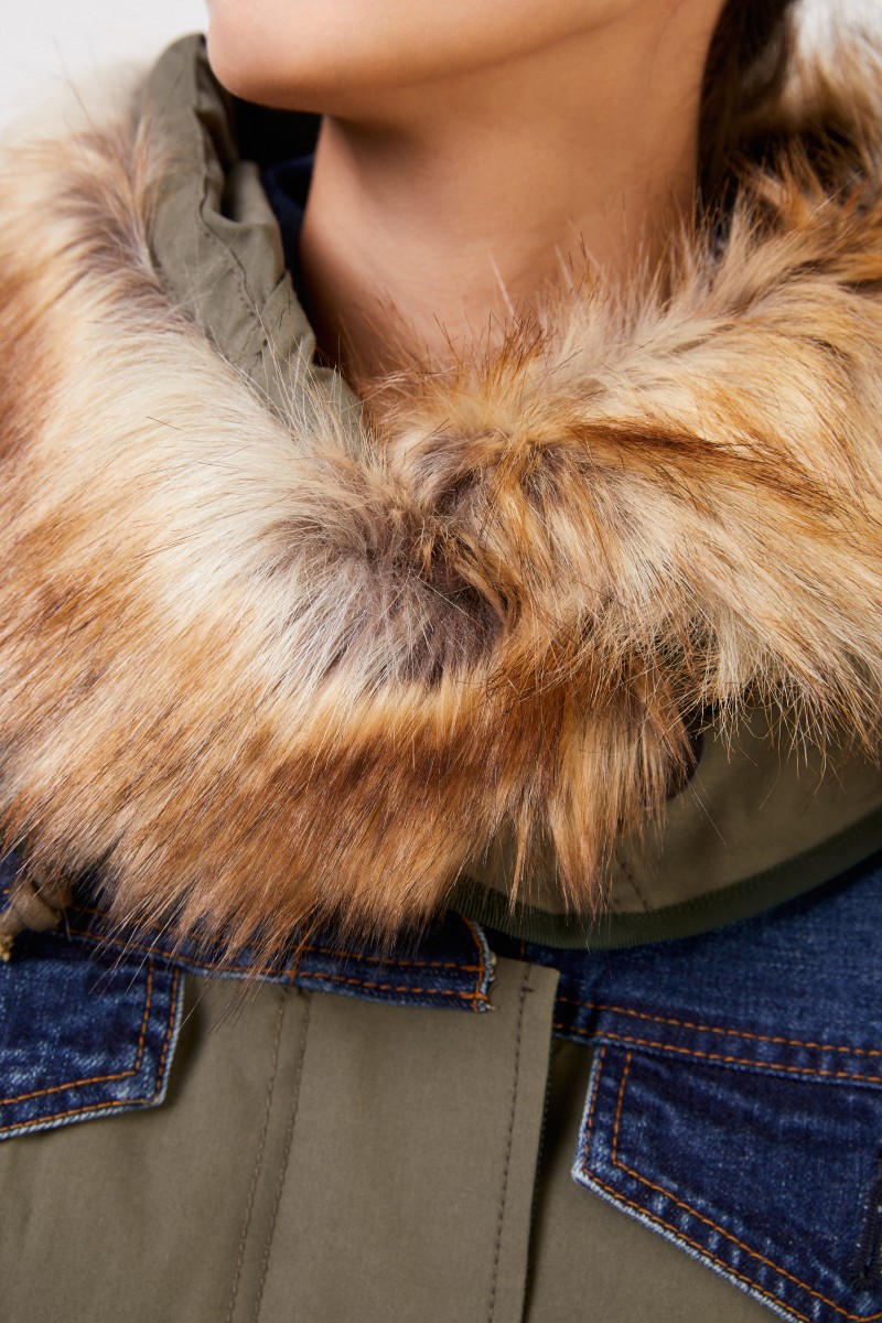 Sacai Langer Mantel mit Kapuze Blau/Khaki