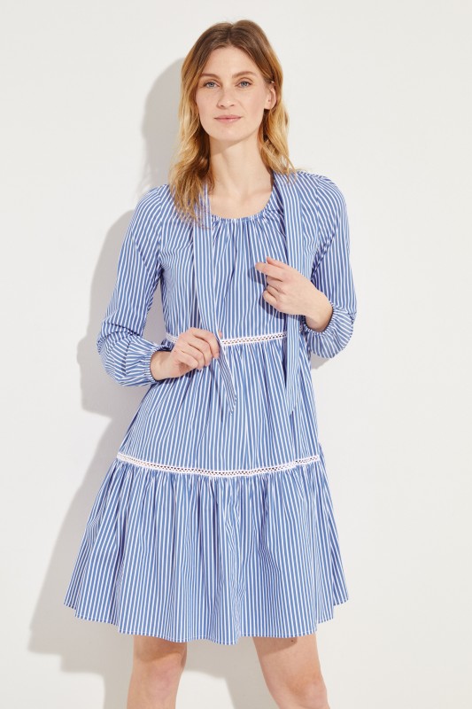 Gestreiftes Kleid mit Stickdetails Blau/Weiß