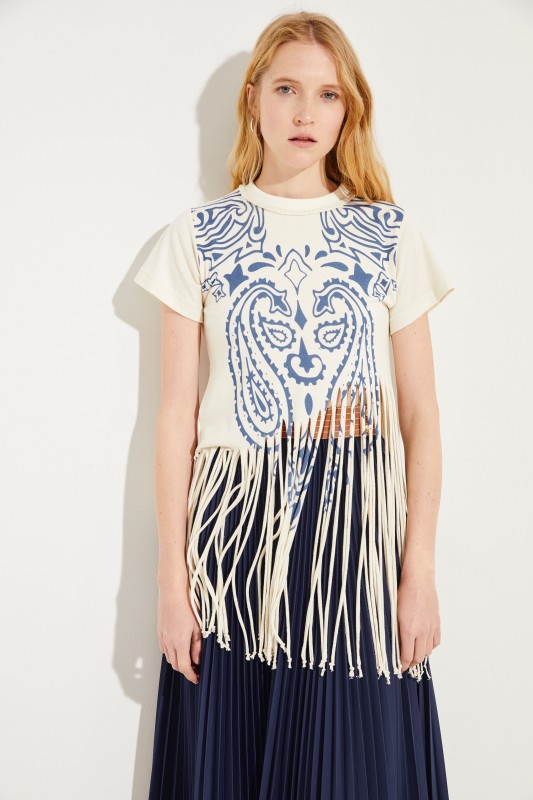Baumwoll-Seiden-Shirt mit Print Créme/Blau