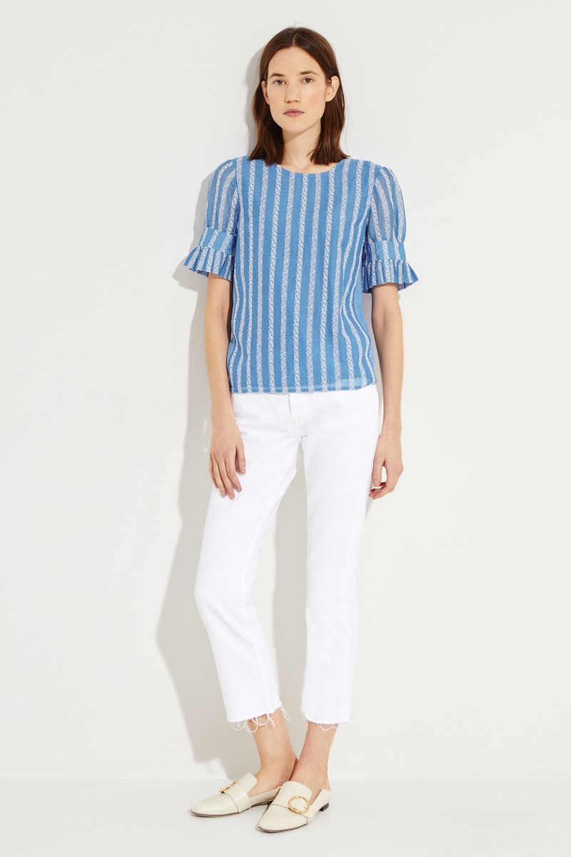 T-Shirt mit Stickereiverzierung Blau/Weiß