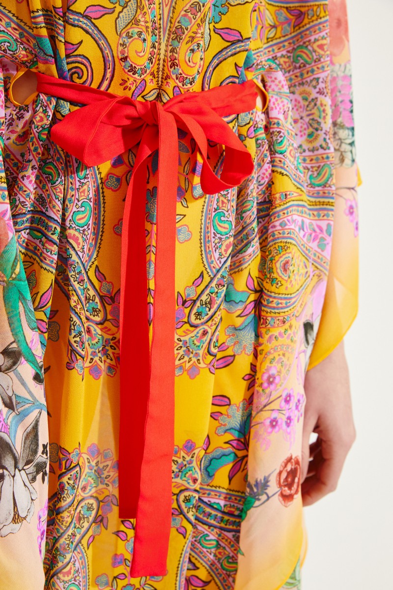 Seiden-Kaftan mit floralem Print Gelb/Multi