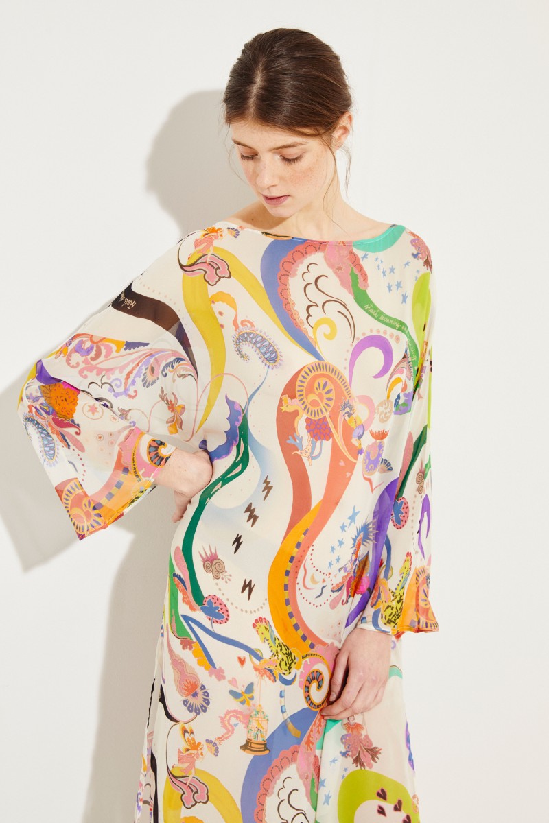 Seiden-Kleid mit Print Weiß/Multi