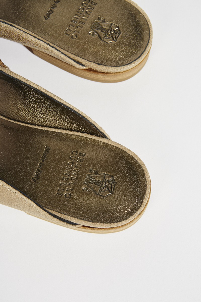 Leder-Mule mit Perlenverzierung Beige