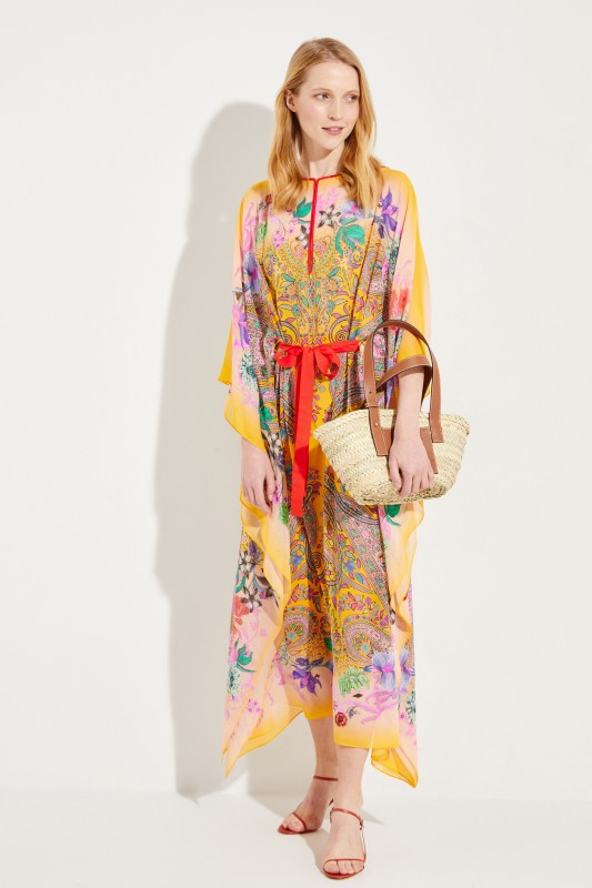 Seiden-Kaftan mit floralem Print Gelb/Multi