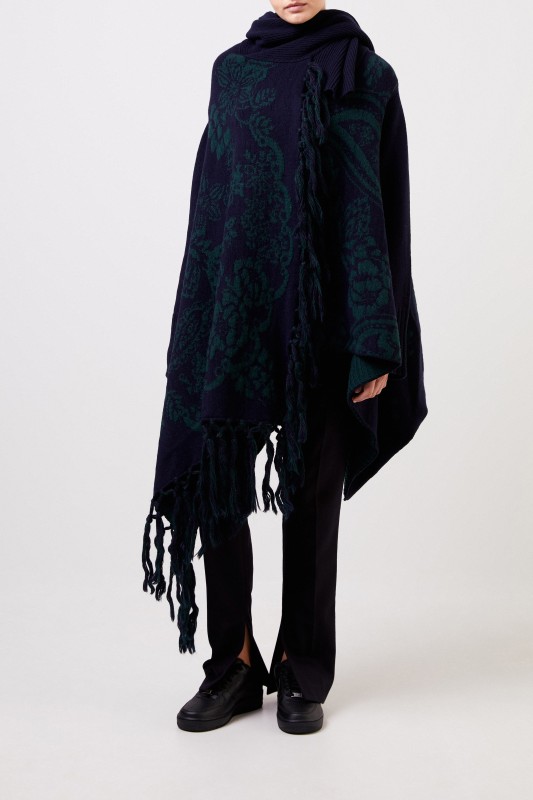 Asymmetrischer Woll-Cardigan mit Muster Navy/Grün