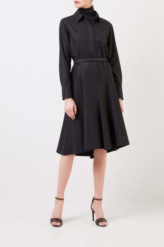 Brunello Cucinelli Woll-Hemdblusenkleid mit Perlenverzierung Grau