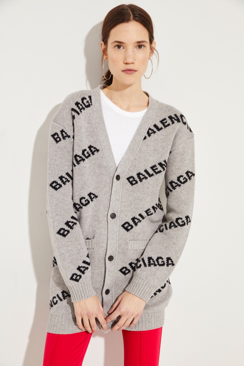 Langer Woll-Cardigan mit Logo Grau/Schwarz