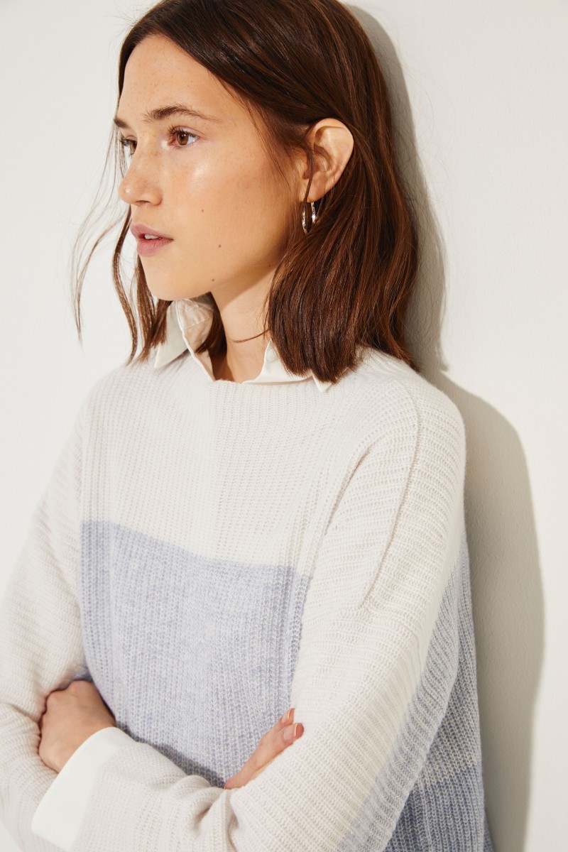 Cashmere-Leinen-Pullover Blau/Weiß