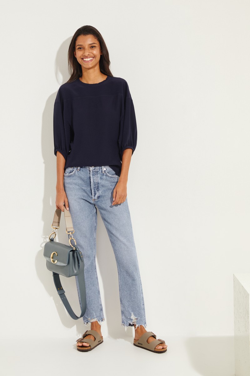 Seidenbluse mit Fledermausärmel Marineblau