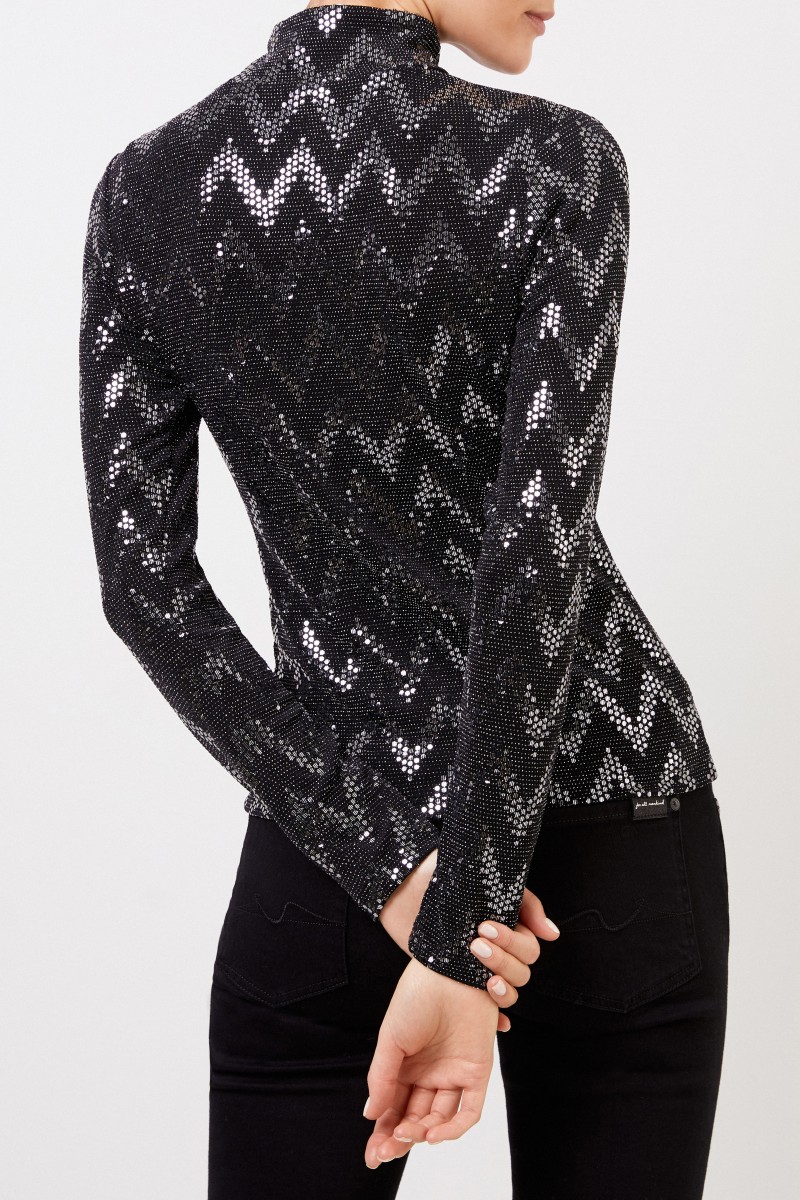 Langarmshirt mit Pailletten Schwarz/Silber