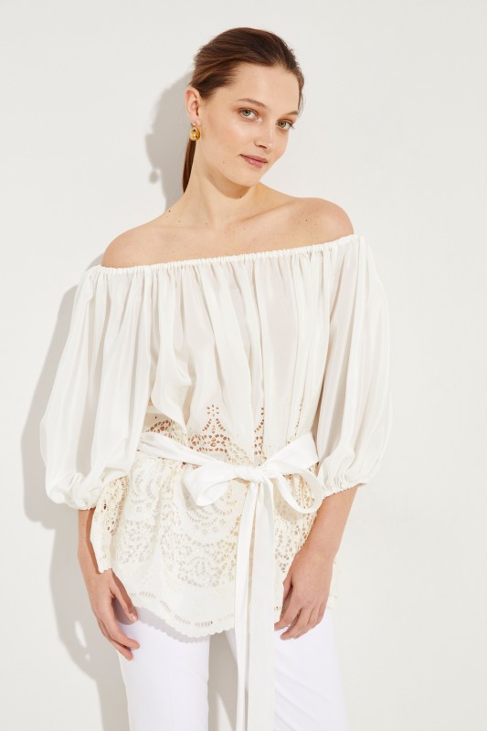 Seiden-Bluse mit Lochspitze Crème