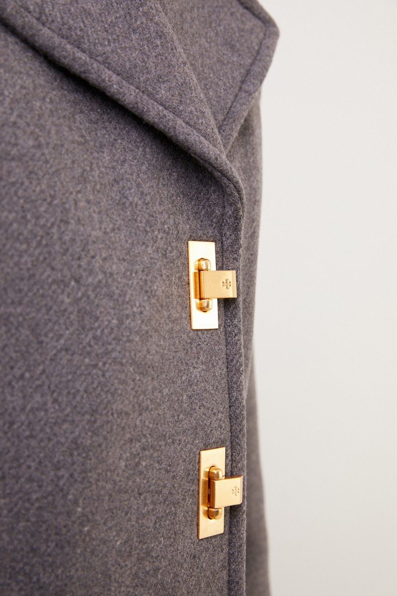 Tory Burch Woll-Mantel mit Klappverschluss Grau Melange