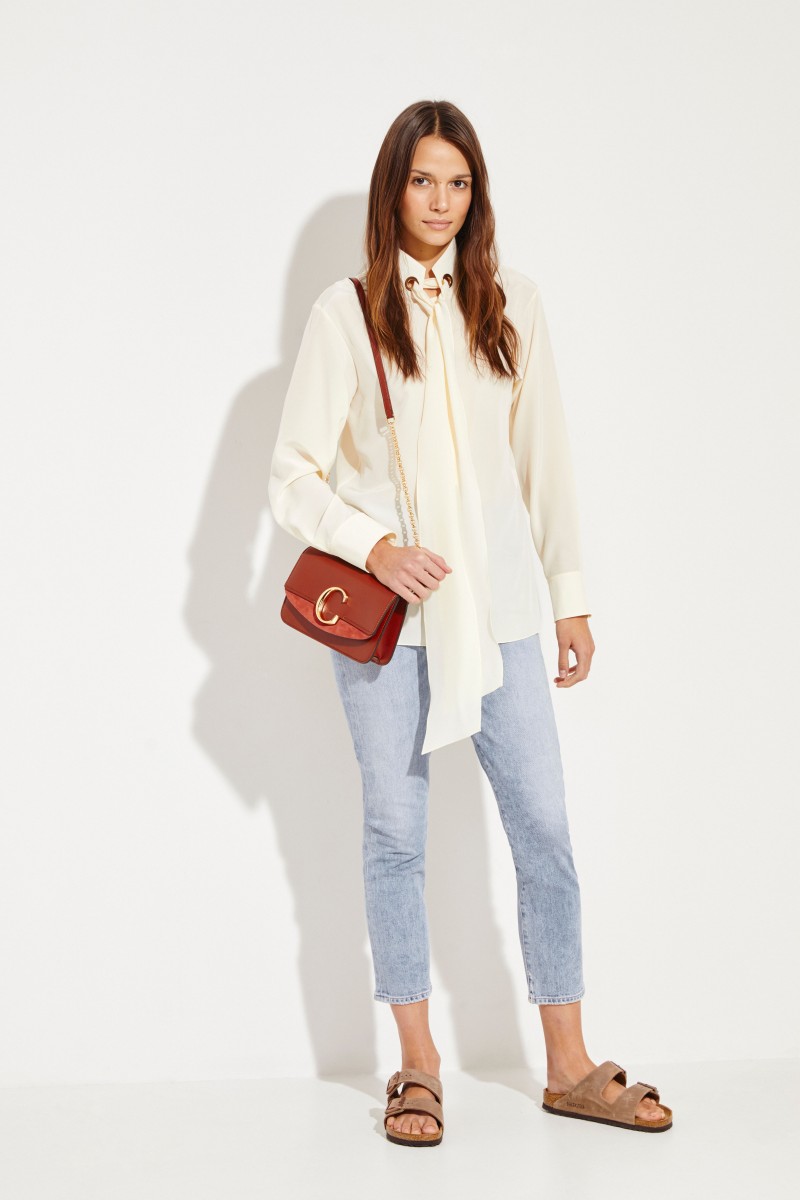 Seidenbluse mit Bindeelement Crèmeweiß