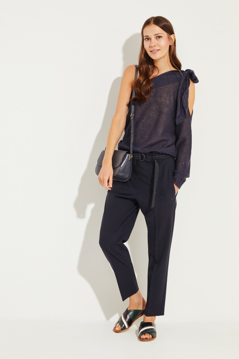 Leinen-Seiden-Pullover mit Pailletten Marineblau