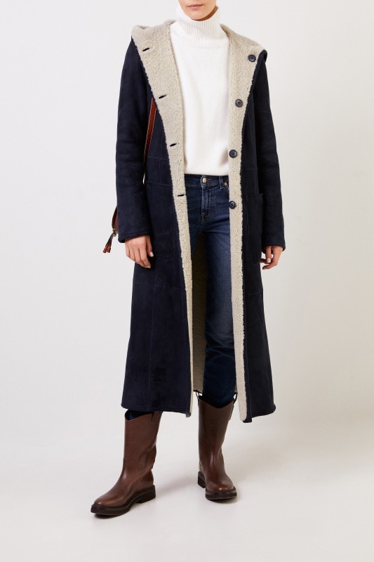 UNGER Wende-Lammfellmantel mit Kapuze Navy/Ecru