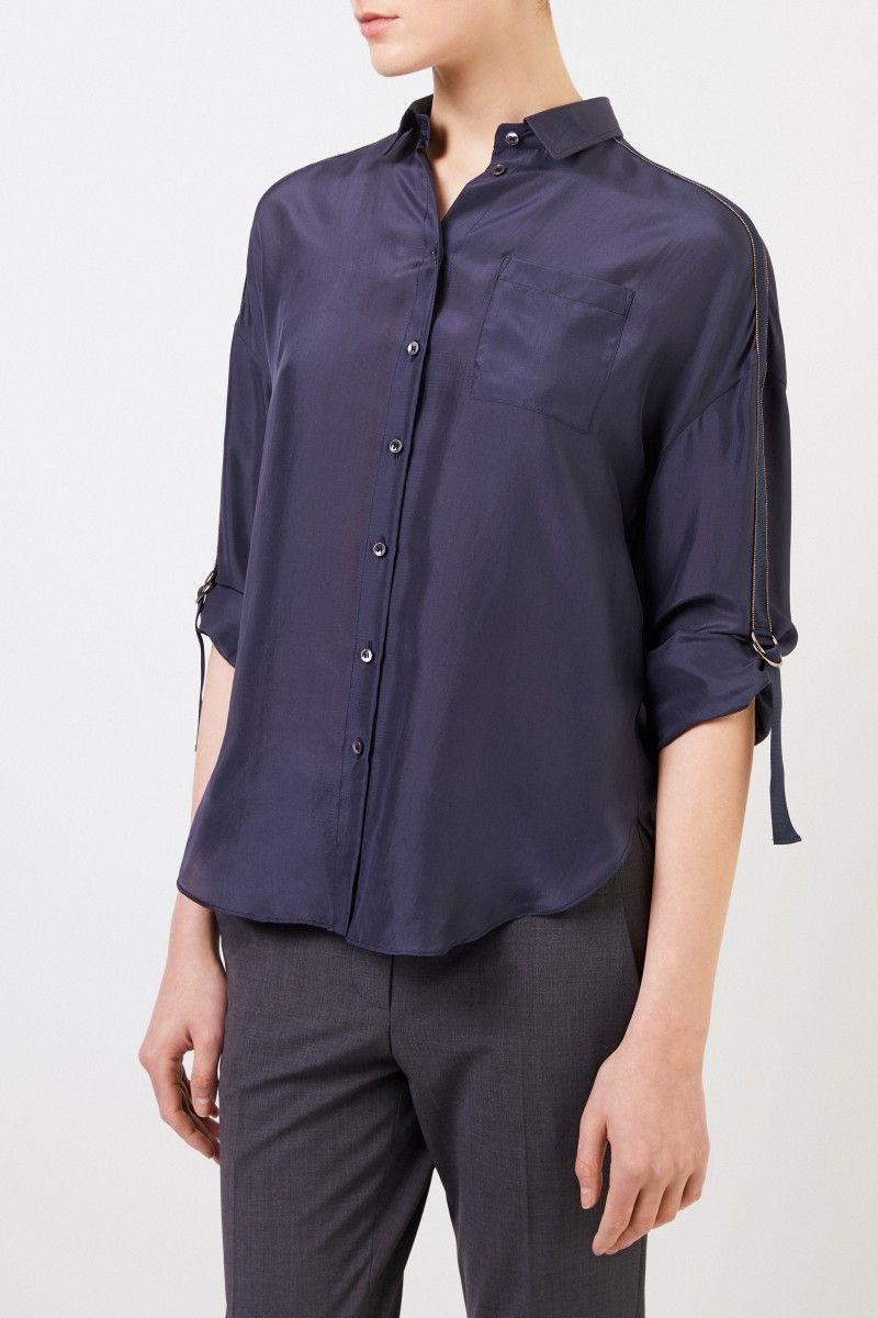 Brunello Cucinelli Seiden-Bluse mit Perlenverzierung Blau