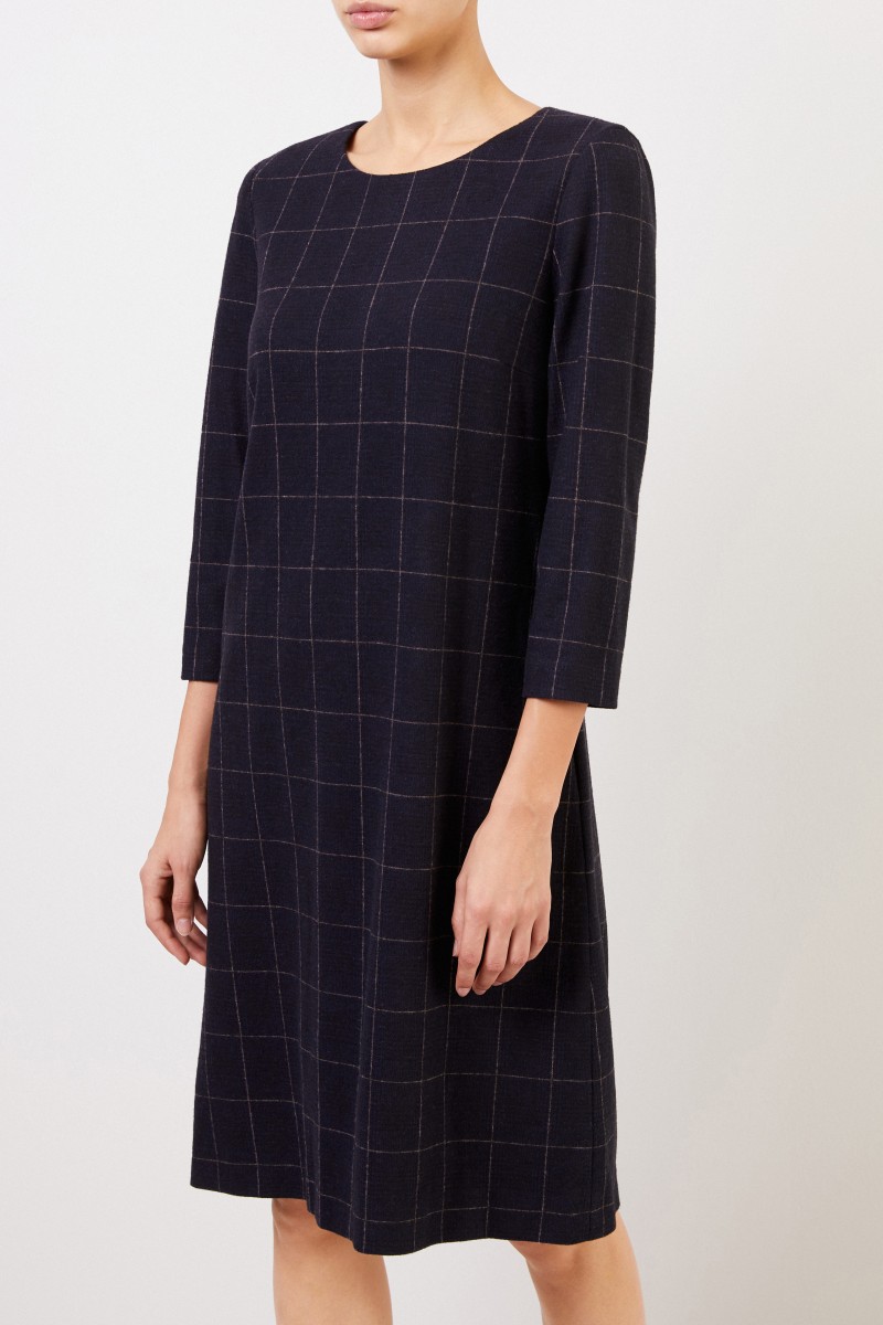 Cappellini Klassisches Woll-Kleid mit Karomuster Blau/Crème