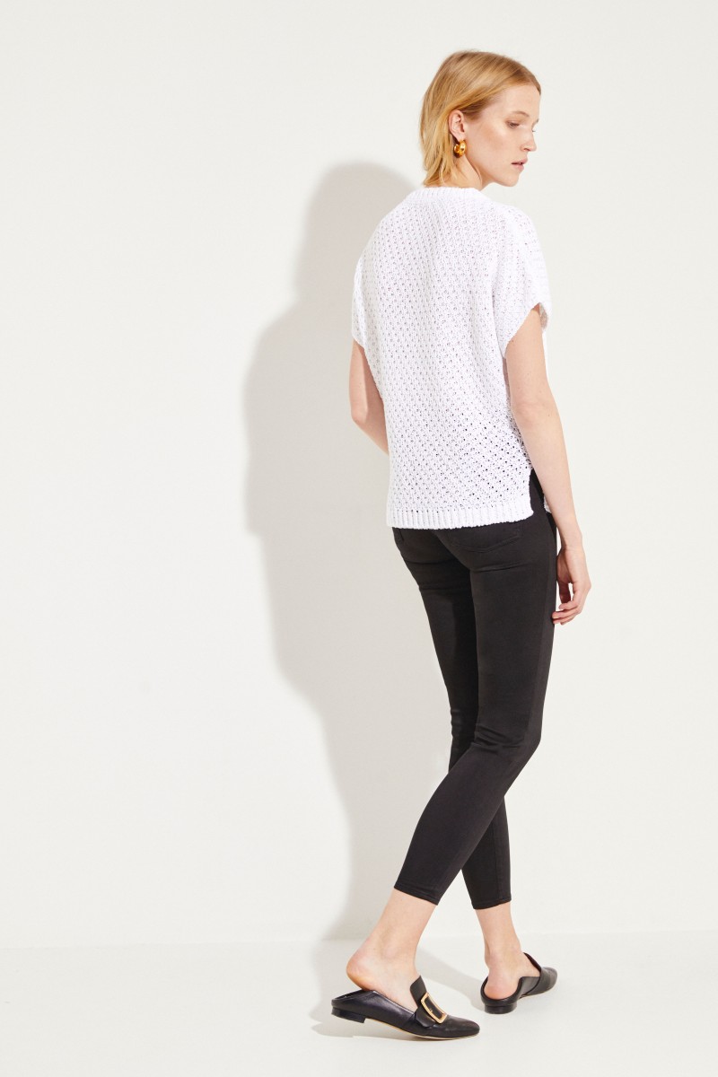 Baumwoll-Leinen-Pullover mit Pailletten Weiß