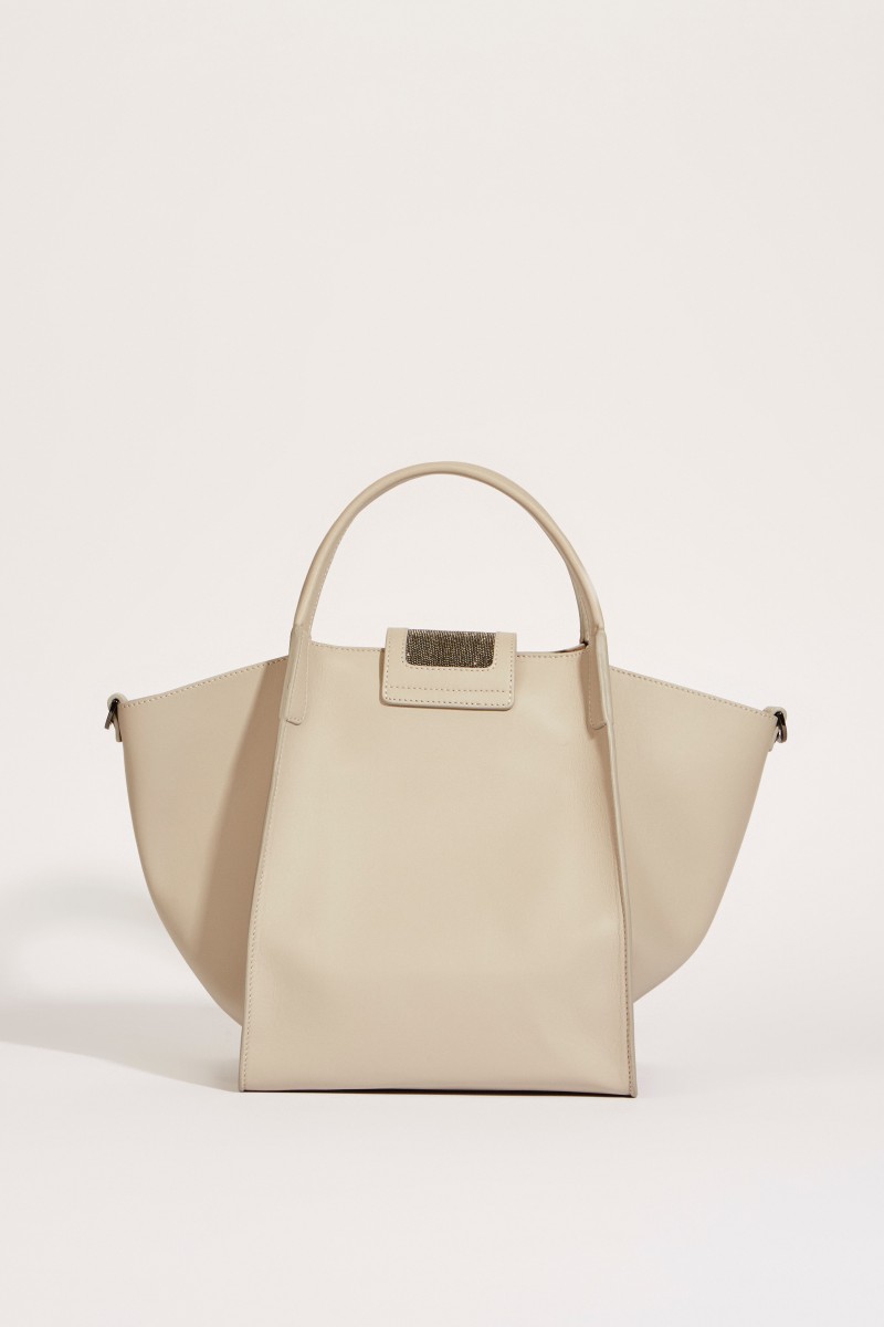 Leder-Tasche 'Viola' mit perlenverzierter Lasche Taupe