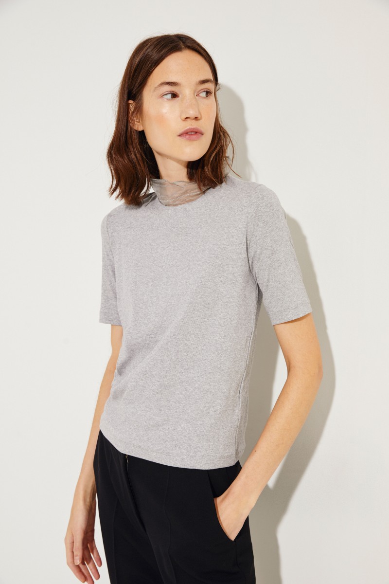 Feinripp-Shirt mit verziertem Stehkragen Grau