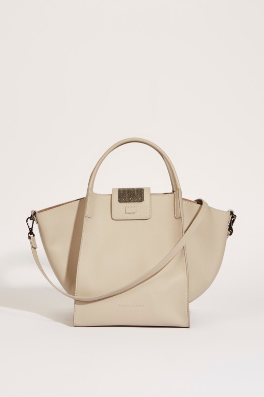 Leder-Tasche 'Viola' mit perlenverzierter Lasche Taupe