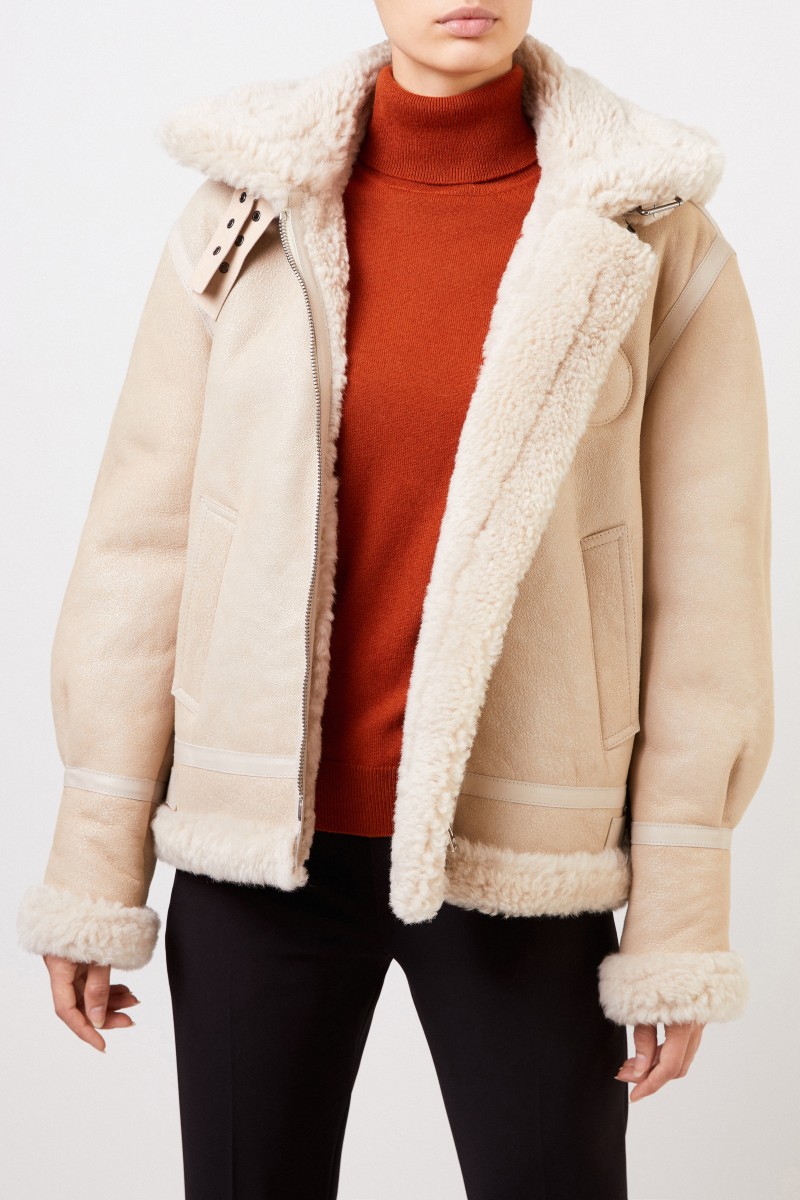 Chloé Lammfelljacke mit strukturiertem Leder Natural White