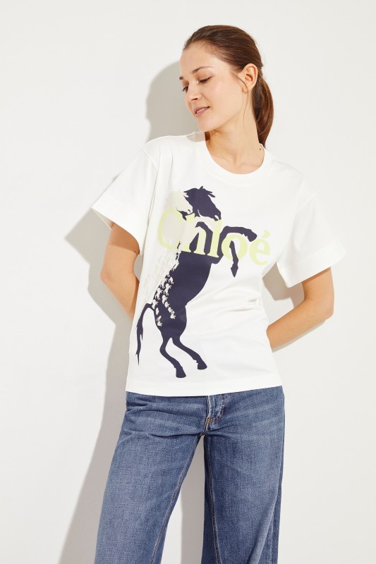 Baumwoll-Shirt mit Pferde-Aufdruck Iconic Milk