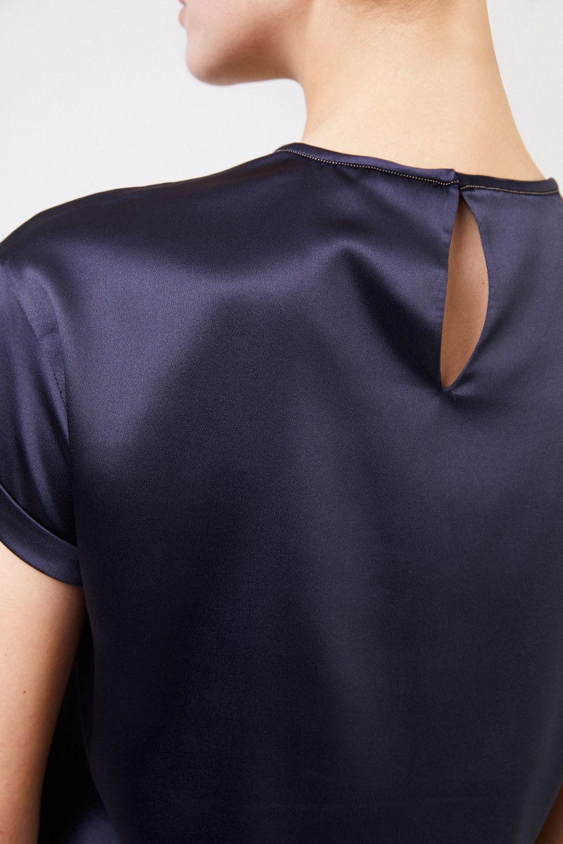 Brunello Cucinelli Seiden-Top mit Perlenverzierung Marineblau