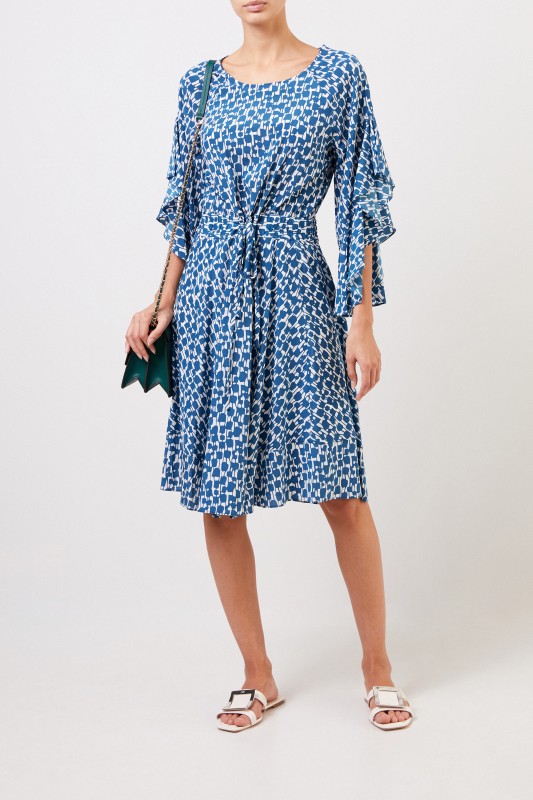 Seidenkleid mit Mustermix Blau/Weiß