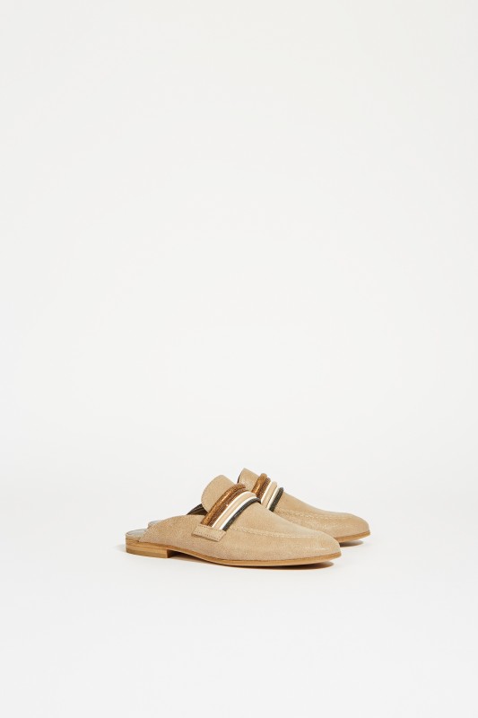 Leder-Mule mit Perlenverzierung Beige